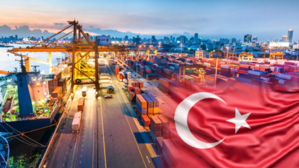 A bustling Turkish port overlaid with the Turkish flag, symbolizing Turkey's strategic role in global logistics and its proximity to European markets