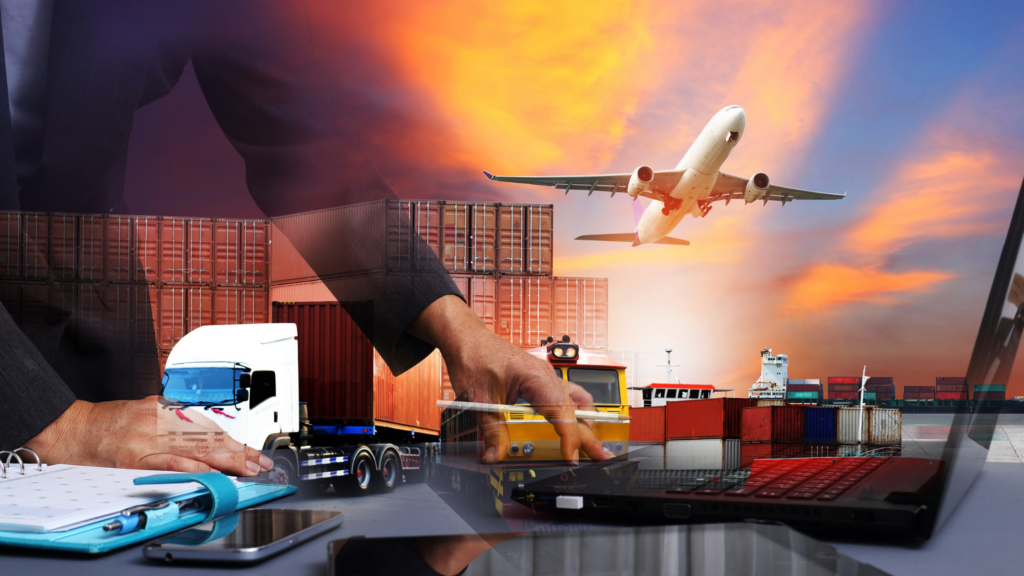 A montage image depicting a handshake over a laptop with visuals of a cargo truck, shipping containers, and an airplane, representing comprehensive logistics and purchasing support by YeYe Agency.