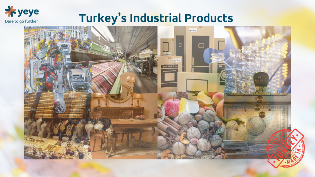 Collage of Turkey's industrial products including textiles, machinery, carpets, and home appliances, showcasing the country's manufacturing diversity and capability.