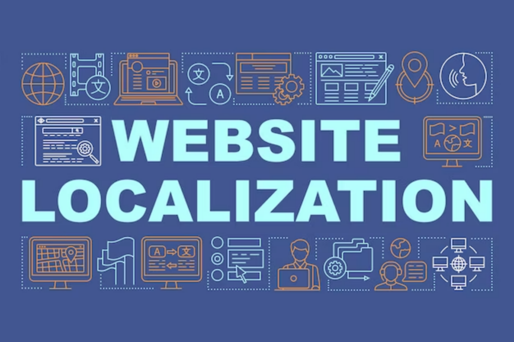 Infographic of website localization process, featuring icons for different world languages and digital translation tools.
